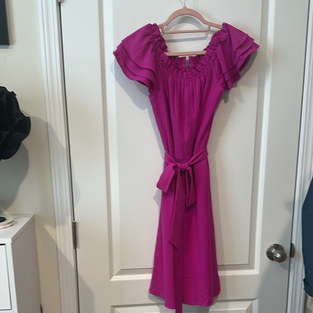 Alex Marie Pink Off-Shoulder Flutter Sleeve Midi Dress